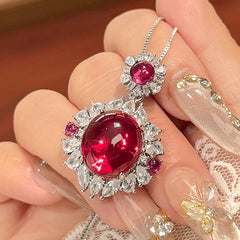 Oval Flower Red Blue Gemstone Silver Cubic Zirconia Anti Tarnish Pendant Chain Ring Set For Women