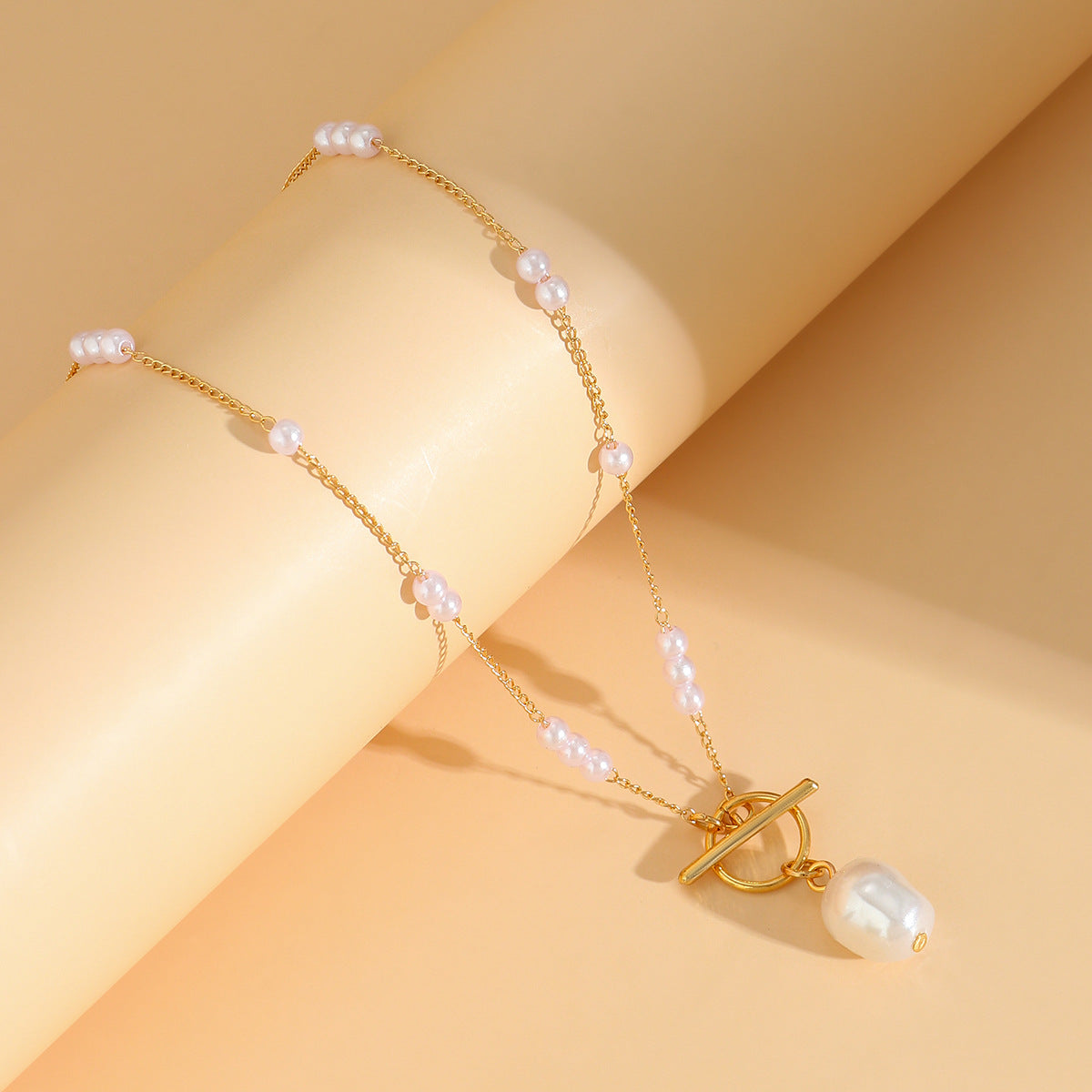 Toggle Clasp Pearl 18K Gold Long Necklace Chain For Women