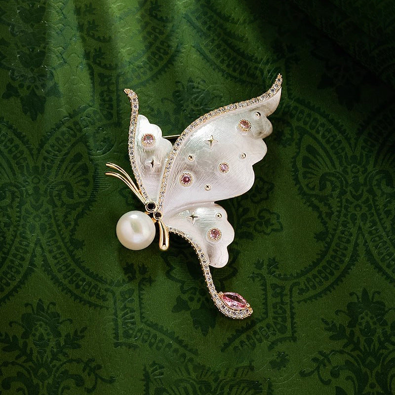 White Black Butterfly Gold Plated CZ Pearl Brass Anti Tarnish Brooch