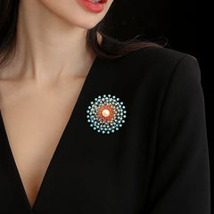 Designer Round Floral Gold Silver Plated CZ Pearl Copper Brooch