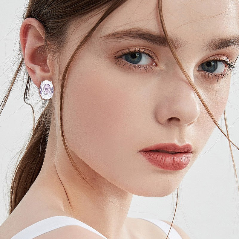 Silver Oval Cubic Zirconia Anti Tarnish Copper Stud Earrings For Women