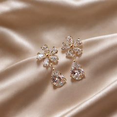 Gold Silver Flower Cubic Zirconia Dangler Earrings For Women