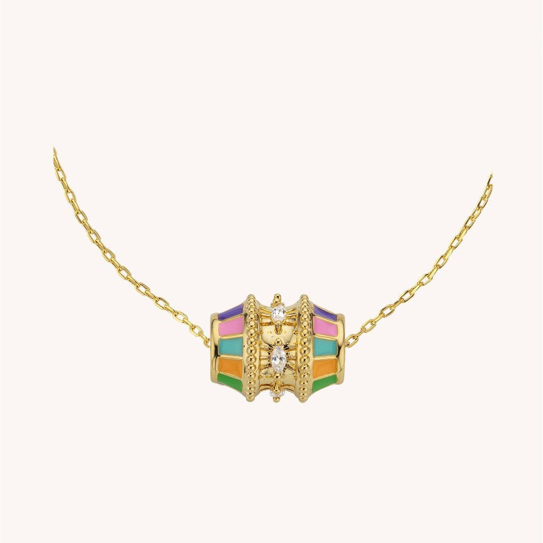 Antique Rainbow Drum 18K Gold Multicolor Cubic Zirconia Enamel Anti Tarnish Necklace Pendant Chain For Women