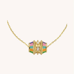 Antique Rainbow Drum 18K Gold Multicolor Cubic Zirconia Enamel Anti Tarnish Necklace Pendant Chain For Women