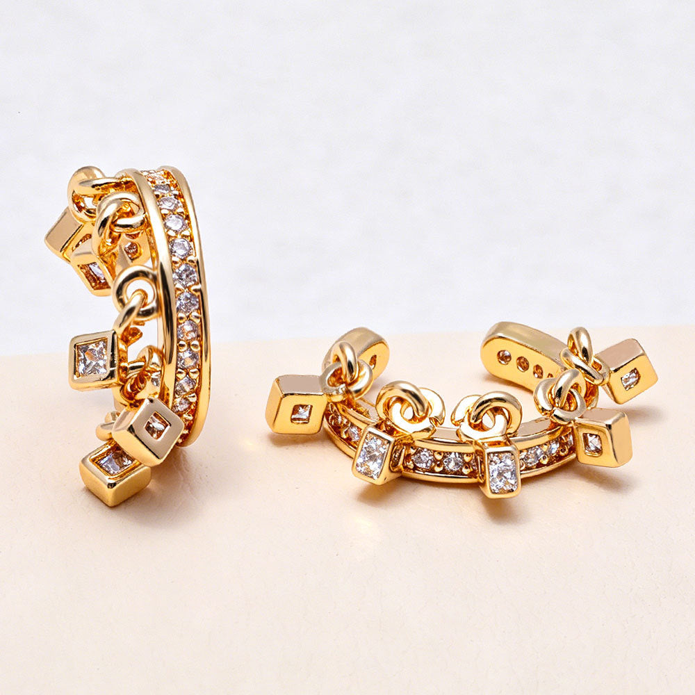 Gold Silver Dangling Square Cubic Zirconia Copper Ear Cuff Earrings Women