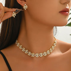 Luxury White Floral Gold CZ Anti TarnishCopper Necklace Earring Set