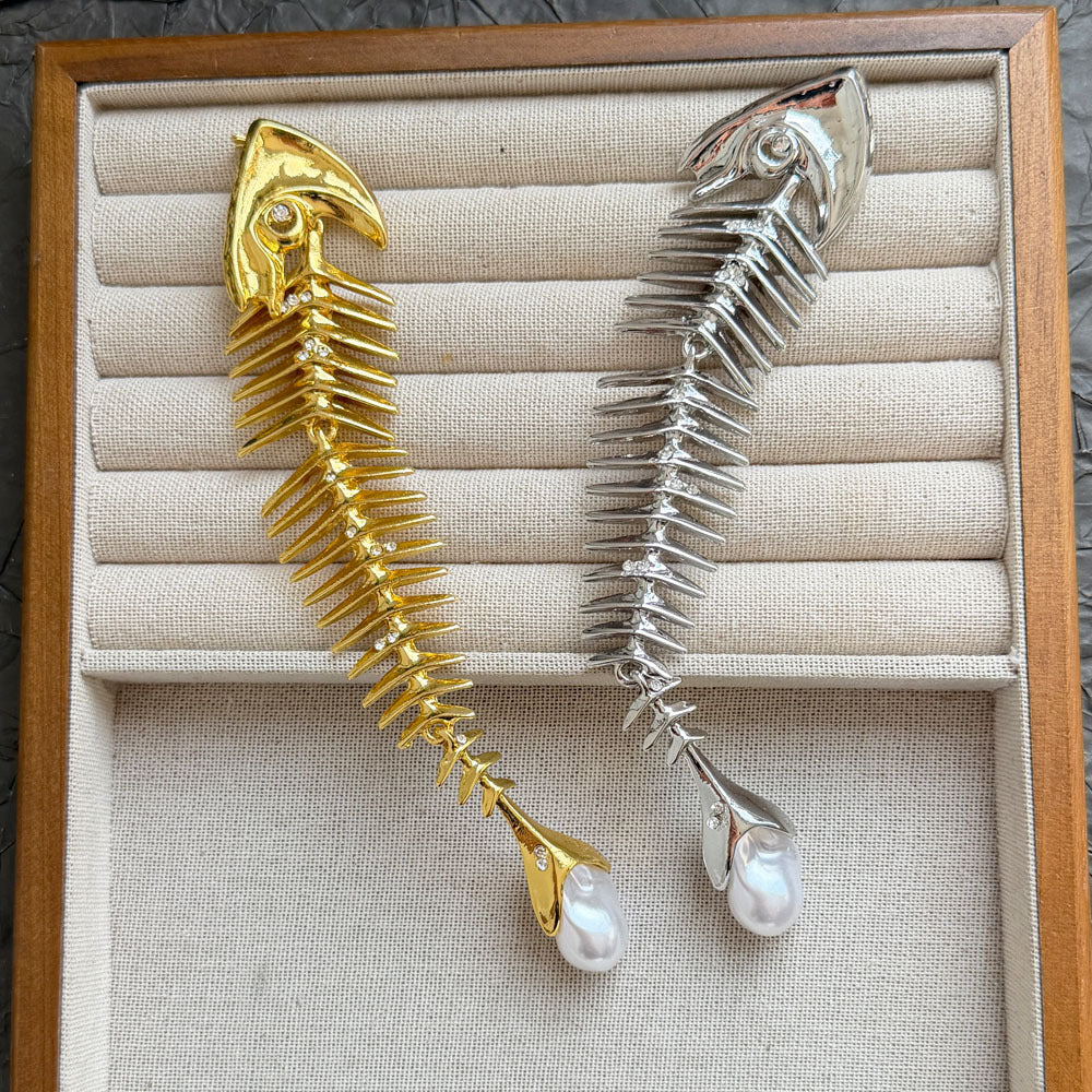 Designer Fish Skeleton Gold Silver Plated Pearl Brooch For Women