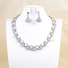 Modern Geometric White Shell Silver CZ Copper Necklace Earring Set