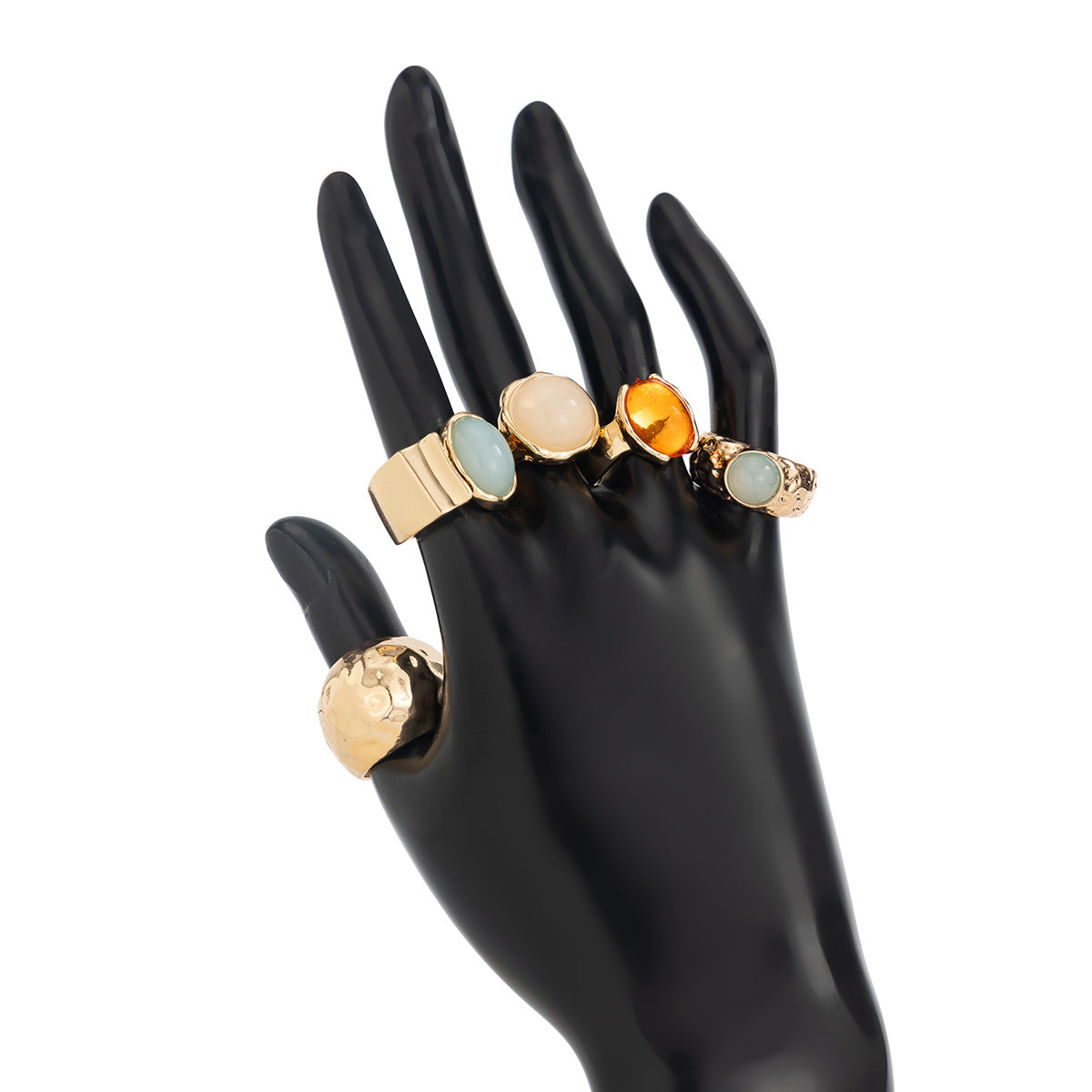Beaten Finish Green Orange Gemstone 18K Gold Free Size Ring Combo Pack Of 5 For Women
