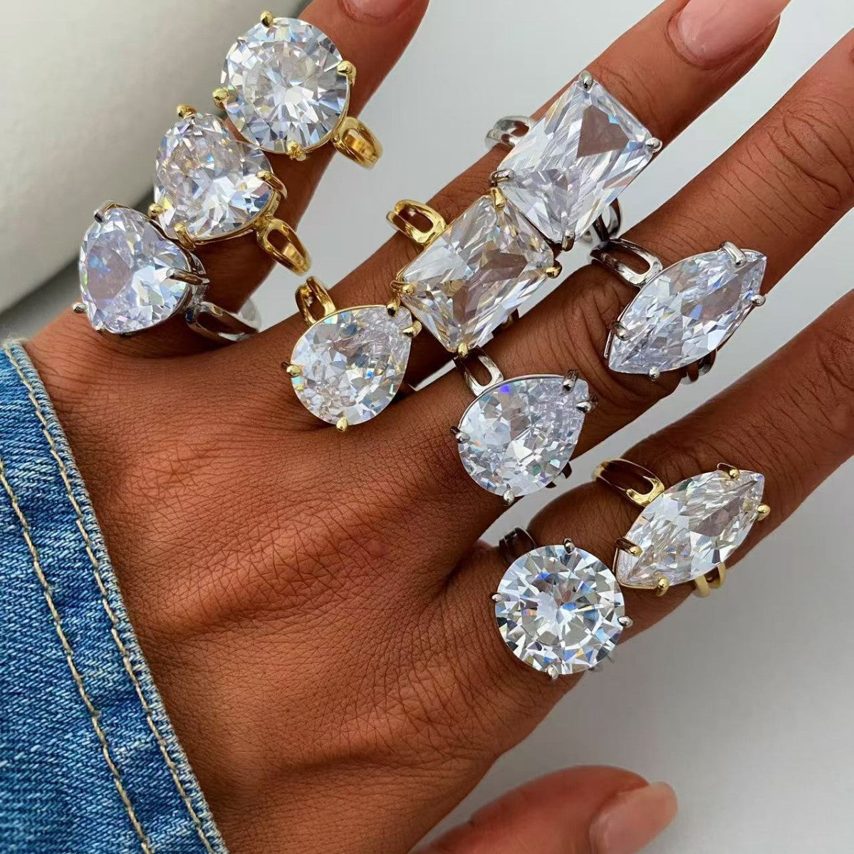 Gold Silver Multi Shape Cubic Zirconia Copper Adjustable Ring Women 