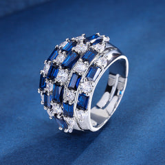 Baguette Cubic Zirconia Crystal Red Blue Silver Anti Tarnish Free Size Ring For Women