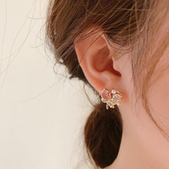 White Pink Heart Bow Gold Pearl Cubic Zirconia Stud Earrings For Women