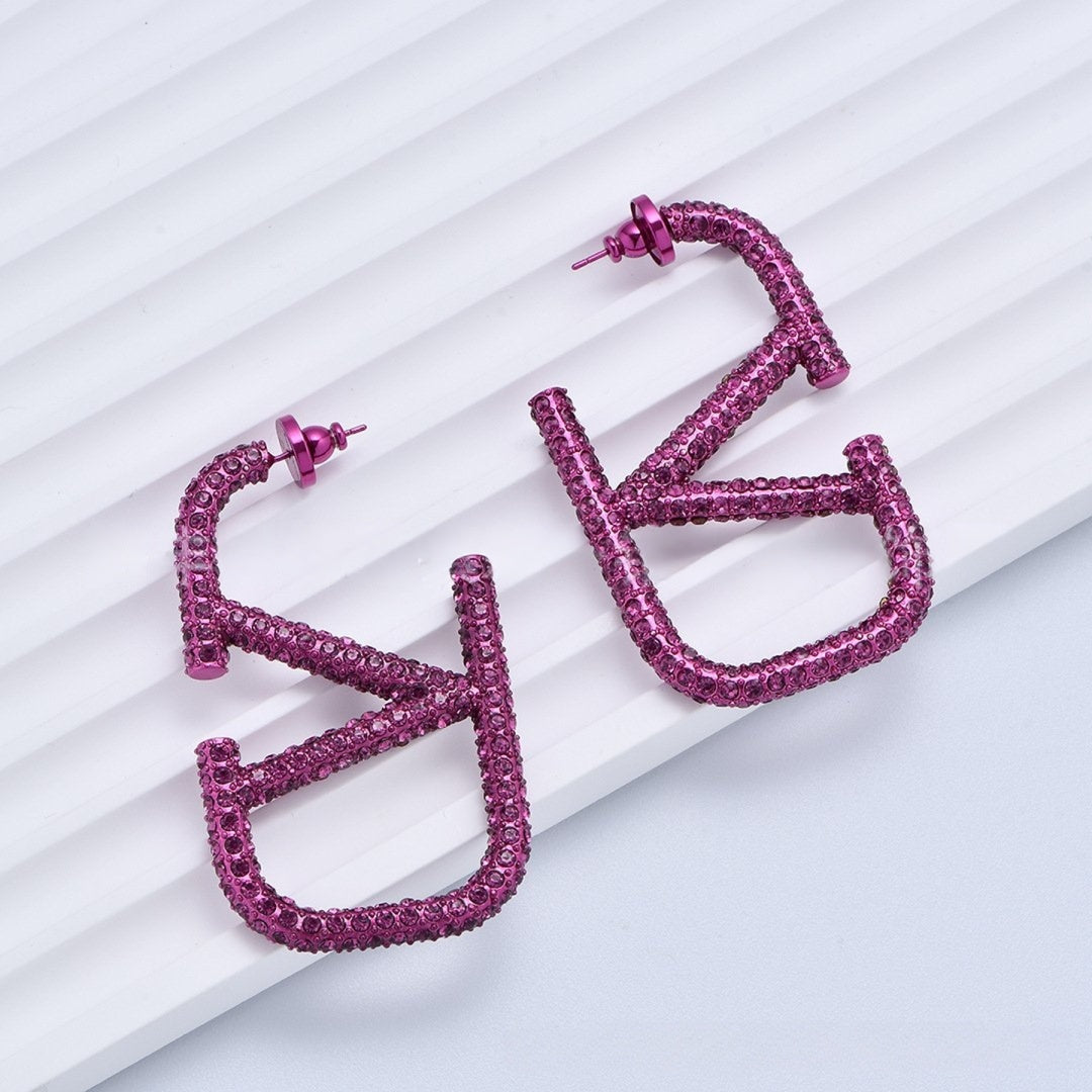 V Shape Cubic Zirconia Pink Hoop Dangler Earring For Women