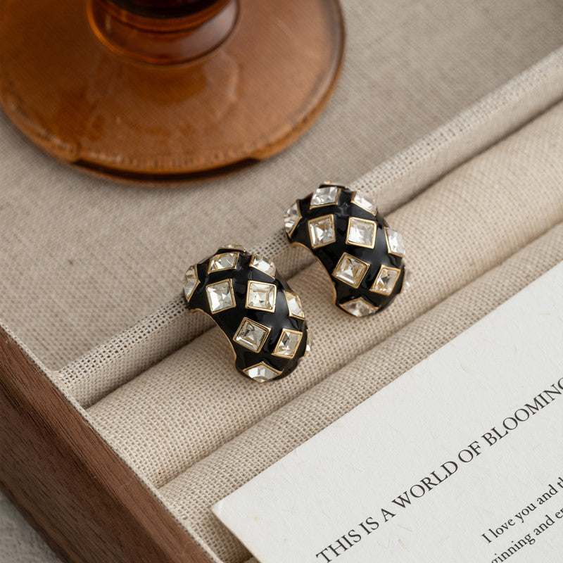 Black 18K Gold Enamel Cubic Zirconia Anti Tarnish Hoop Earring For Women