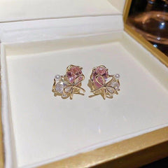 White Pink Heart Bow Gold Pearl Cubic Zirconia Stud Earrings For Women