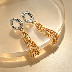 Dual Tone Gold Silver Plated Chain Tassel Stainless Steel Drop Earrings