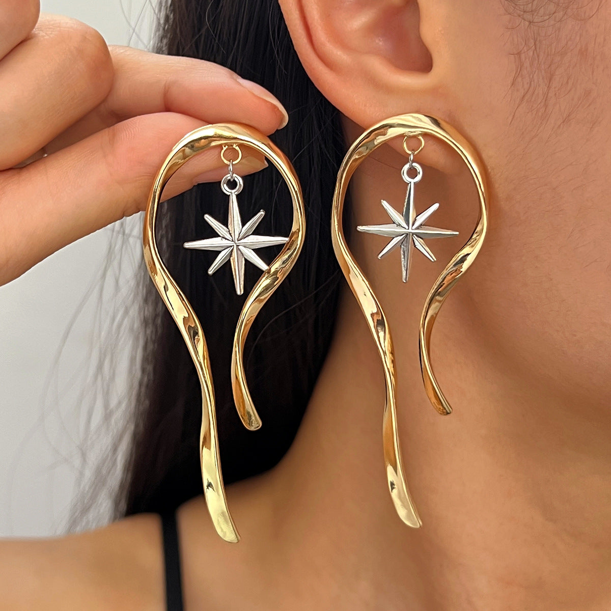 Designer Starburst Long Gold Plated Anti Tarnish Copper Drop Earrings