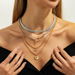 Designer Multi Layer Gold Silver Plated Charm Chain Alloy Necklace