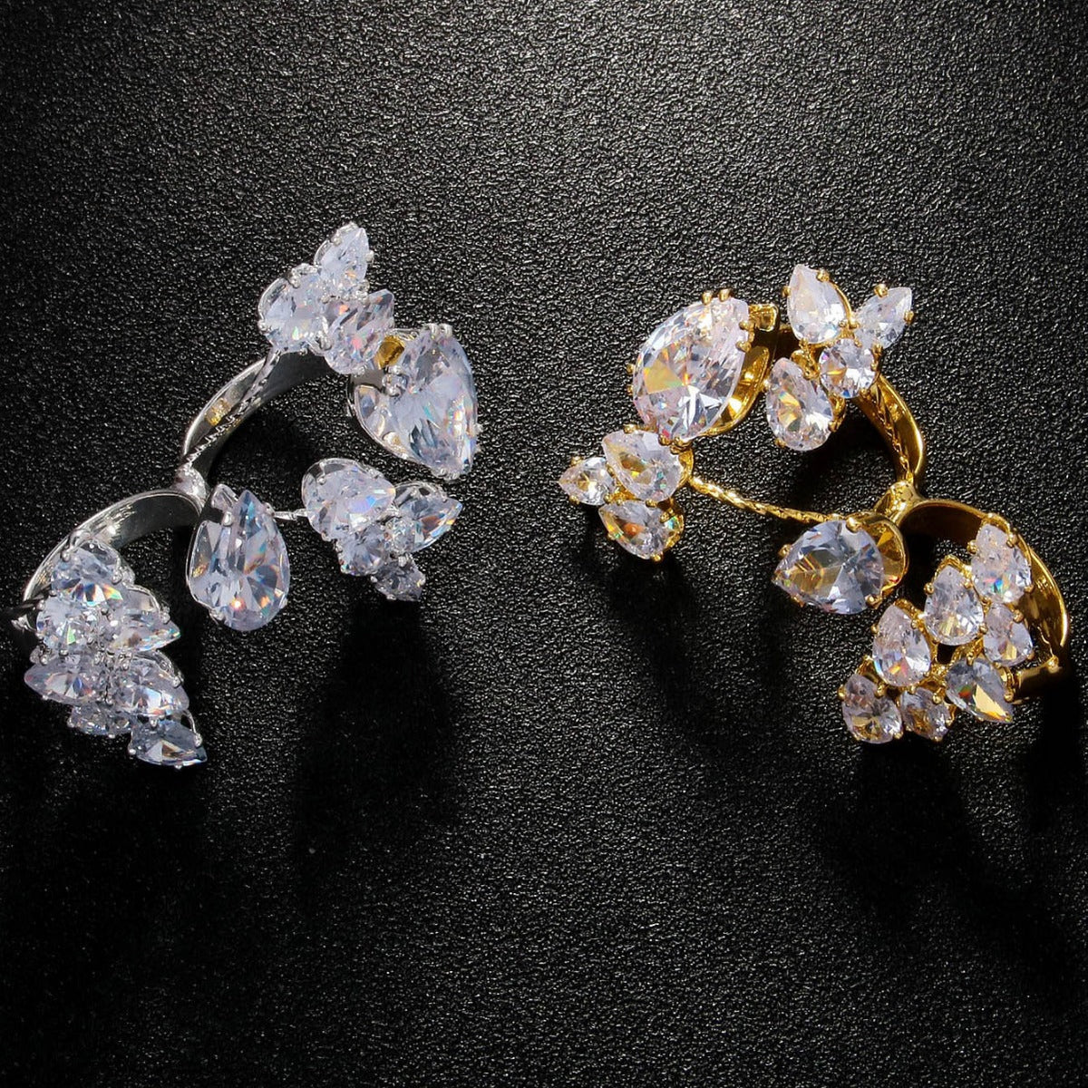 Flower Solitaire 18K Gold Silver Anti Tarnish Adjustable Dual Finger Ring For Women