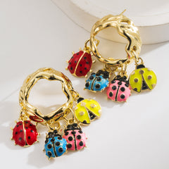 Designer Multi Color Enamel Gold Plated Ladybug Charm Hoop Earrings