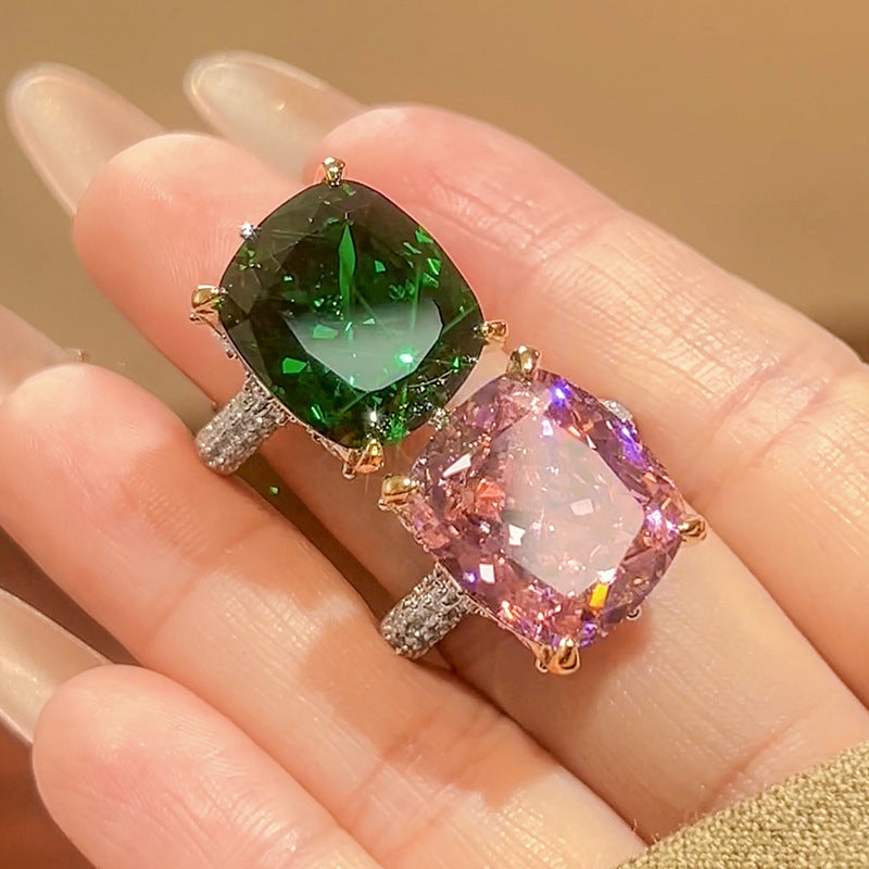 Luxury Silver Pink Green Solitaire Cubic Zirconia Anti Tarnish Free Size Ring For Women