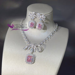 Emerald Cut CZ Bow Silver Plated Copper Necklace Combo Set For Women