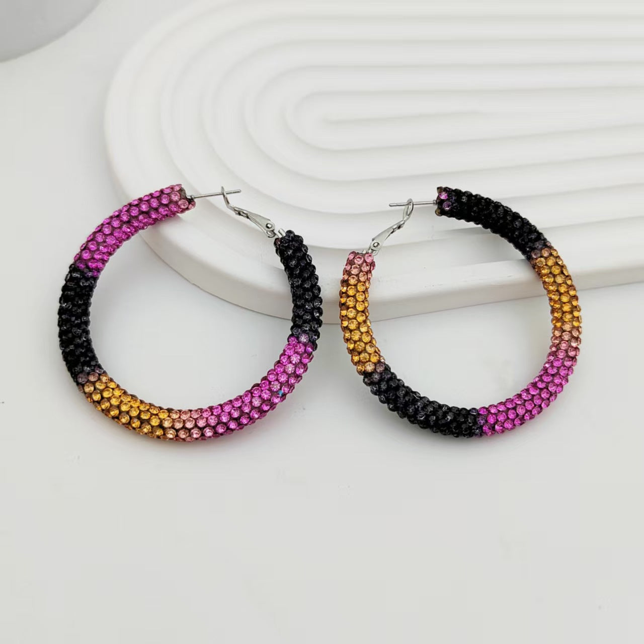 Multi Color High-Shine Gradient Crystal Silver Plated CZ Hoop Earrings