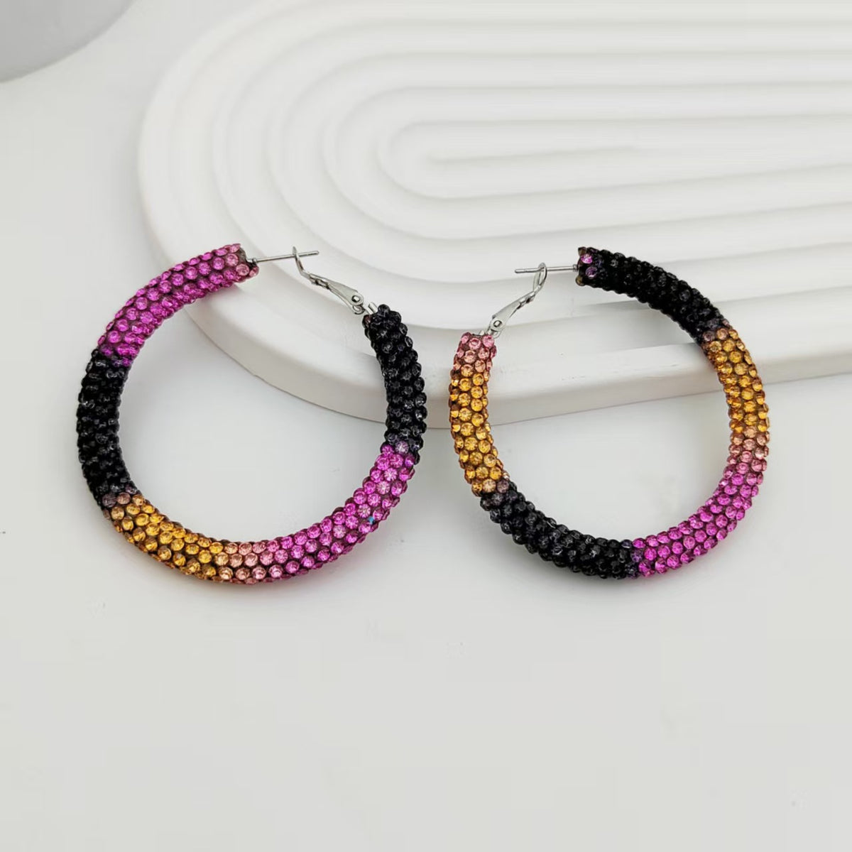 Multi Color High-Shine Gradient Crystal Silver Plated CZ Hoop Earrings