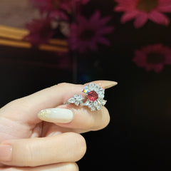 Red Flower Bloom Silver Cubic Zirconia Copper Adjustable Ring For Women