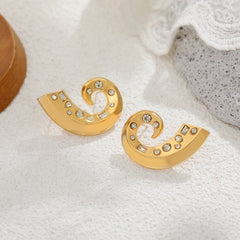 Elegant C-Curve Gold CZ Anti Tarnish Stainless Steel Stud Earrings