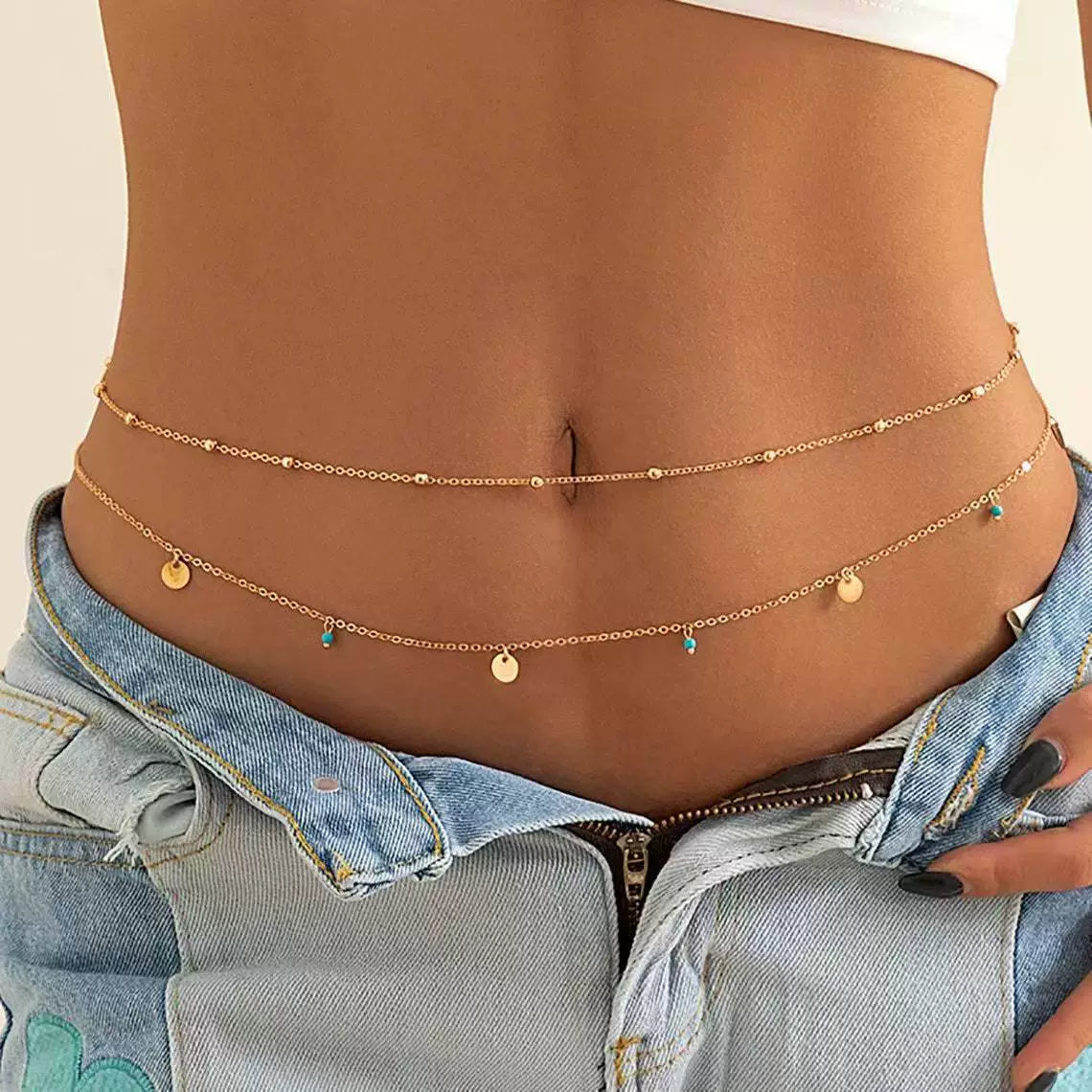 Double Layer With Turquoise Bead & Gold Charms Waist Chain For Women