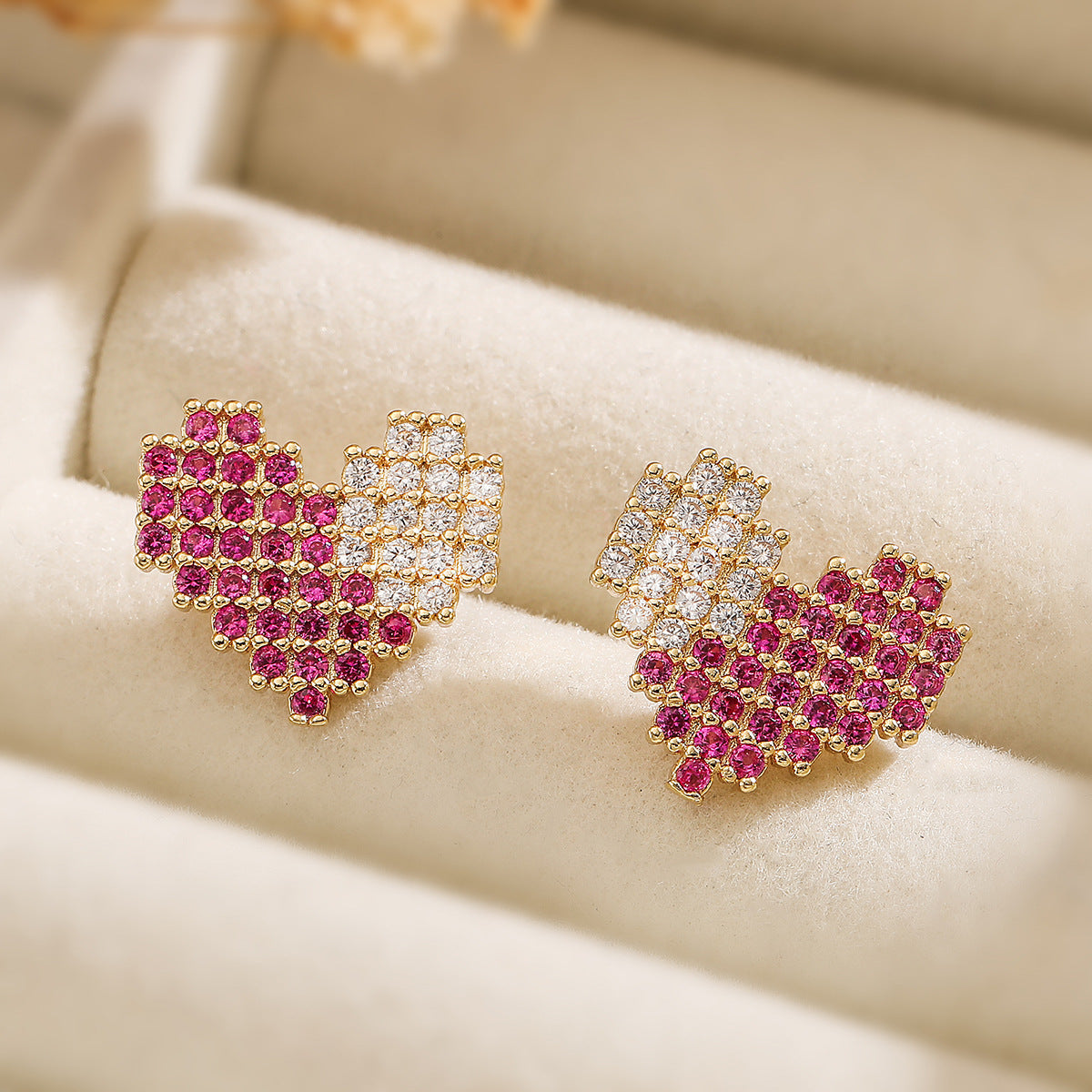 Pink Heart  Gold Plated Cubic Zirconia Copper Stud Earrings For Women