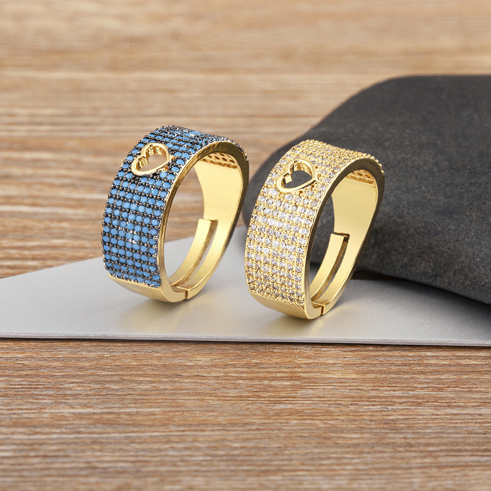 Designer Heart Pave Wide Band Gold CZ Copper Adjustable Fancy Ring