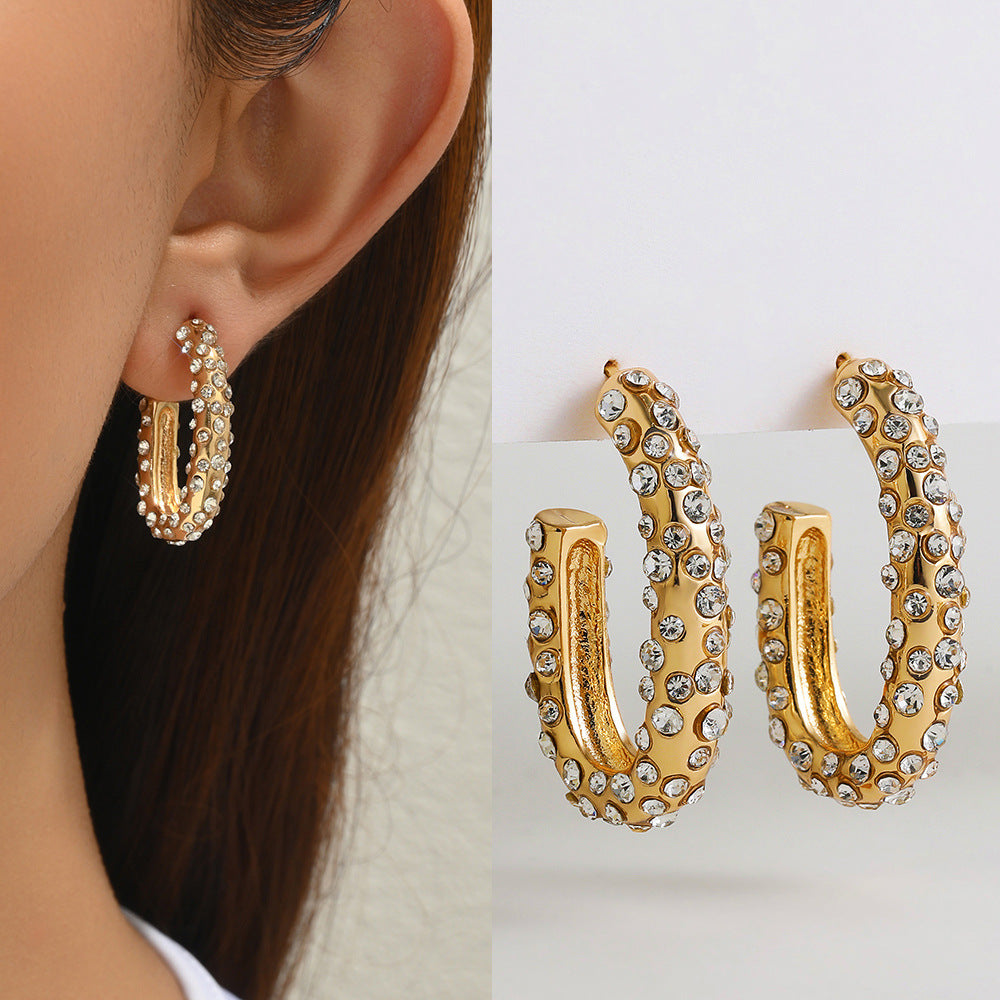 Trendy Paved U-Shape Gold CZ Anti Tarnish Stainless Steel Stud Earrings