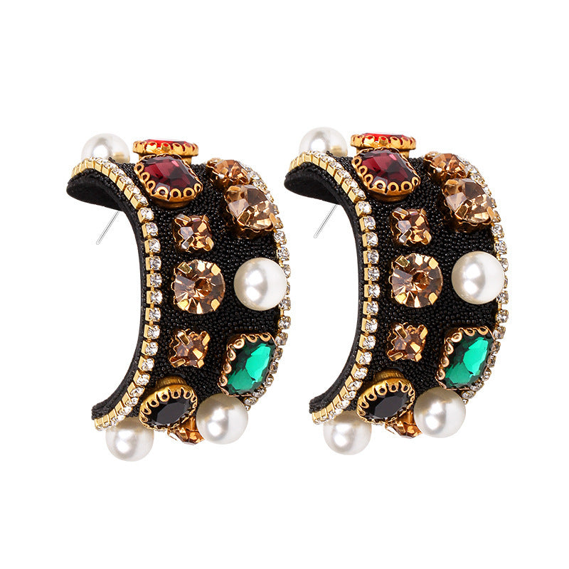 18K Gold Plated White Black Multi Gemstone Cubic Zirconia Pearl Hoop Earring For Women