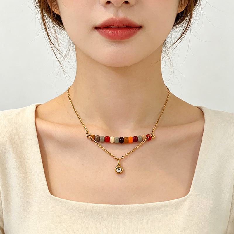 Multi Color Layered Gemstone Beads Gold CZ Anti Tarnish Copper Necklace