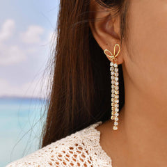 Bow Design Gold Plated CZ Anti Tarnish Stainless Steel Drop Earrings