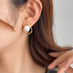 Designer White Pearl Gold Silver Plated Oval Stud Earrings For Women