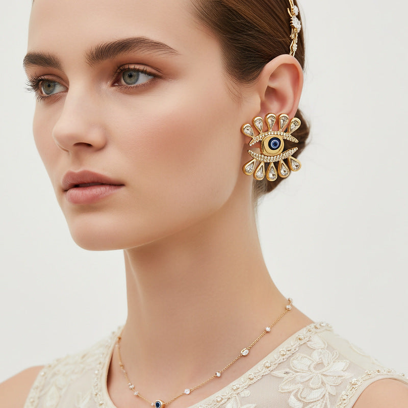 Gold Evil Eye Rhinestone Stud Earrings For Women