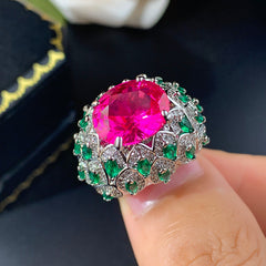 Oval Emerald Cubic Zirconia Crystal Silver Anti Tarnish Adjustable Ring For Women