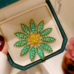 Green White Flower Gold Cubic Zirconia Copper Brooch Women
