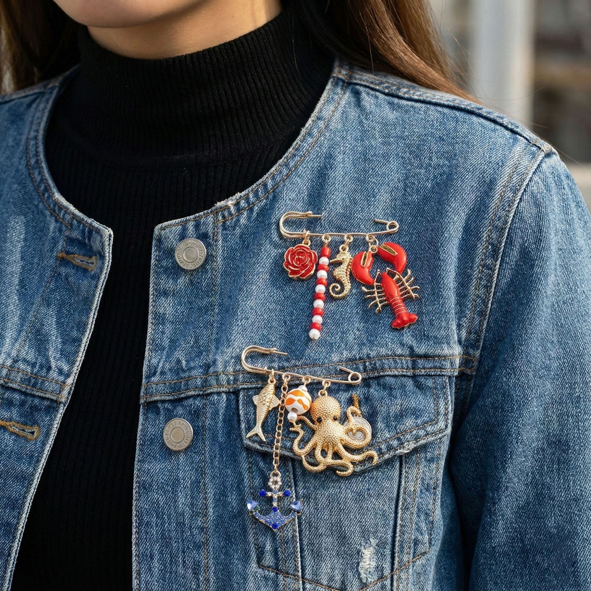 Red Lobster,Seahorse,Rose Gold Enamel Brooch For Women