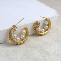 Pearl Cubic Zirconia 18K Gold Silver Anti Tarnish Hoop Earring For Women