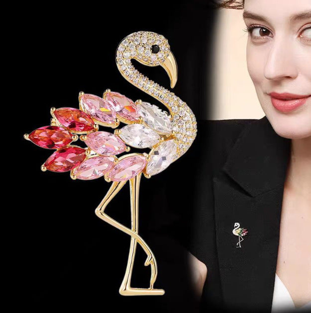Multi Color Flamingo Gold Plated Crystal Brooch For Women 