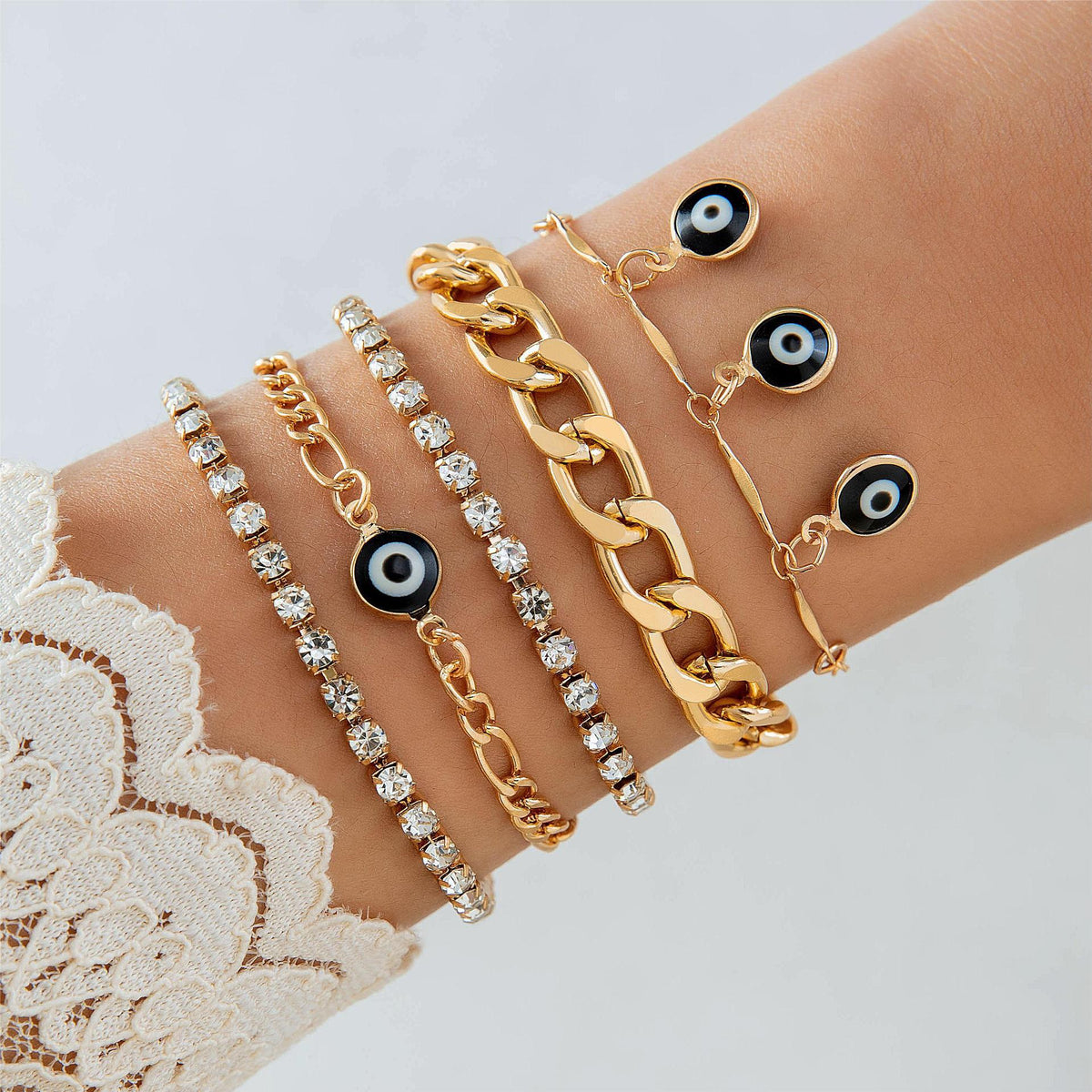 Evil Eye Black 18K Gold Cubic Zirconia chain Bracelet Pack Of 5 for Women