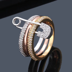 Safety Pin Multi Cubic Zirconia Anti Tarnish Band Ring For Women