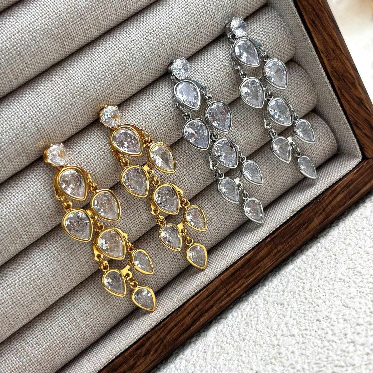 Drop Solitaire 18K Gold Silver Cubic Zirconia Anti Tarnish Dangler Earring For Women