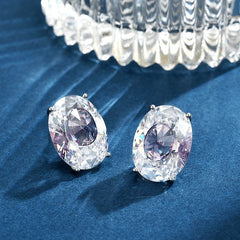Silver Oval Cubic Zirconia Anti Tarnish Copper Stud Earrings For Women