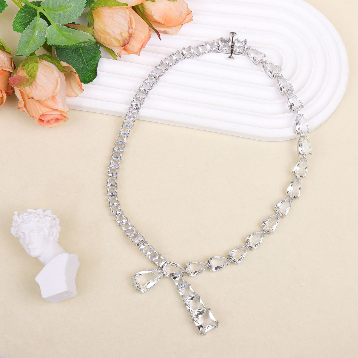 Premium Silver Tone Teardrop Silver Plated CZ Copper Necklace Combo Set