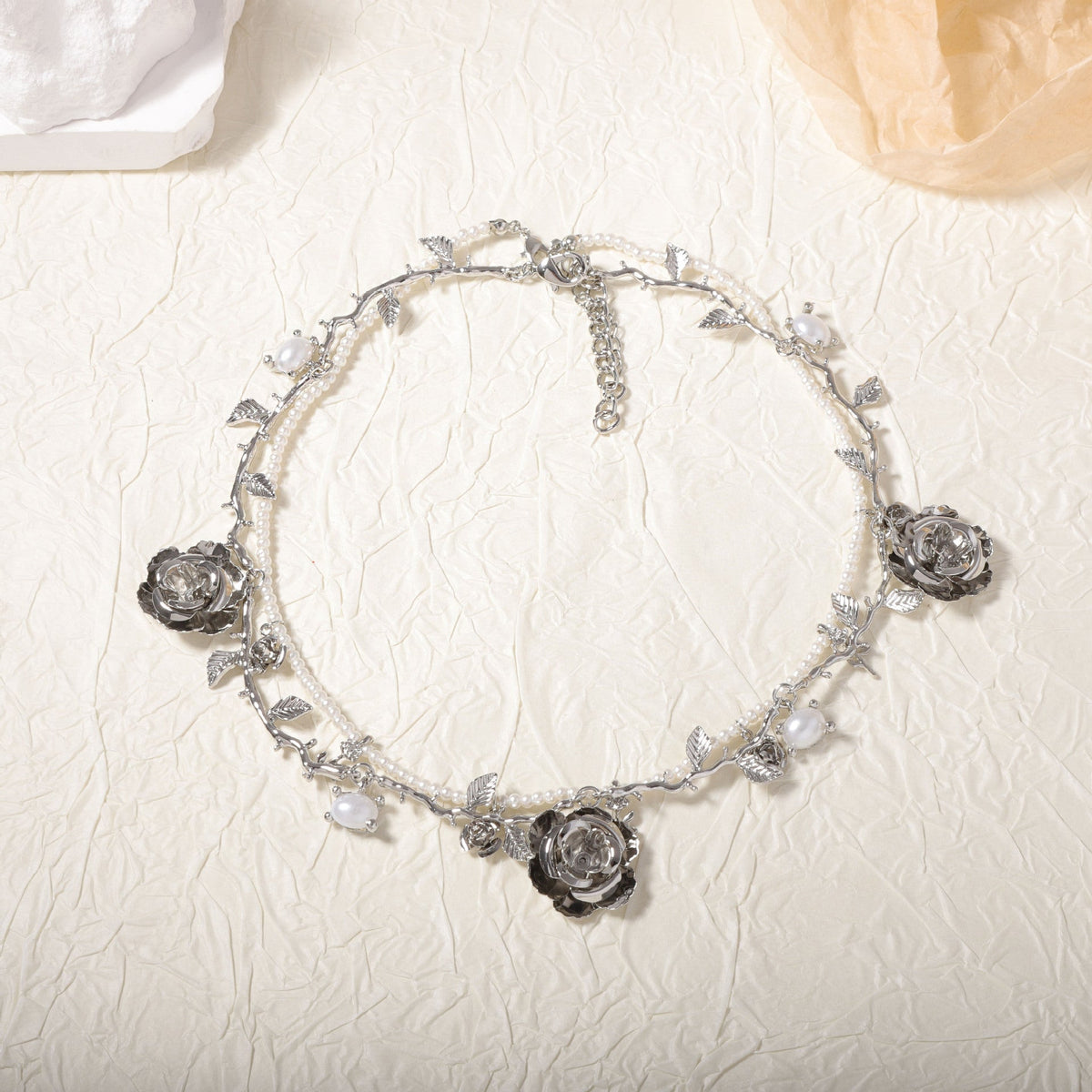 Flower Leaves 18K Gold Silver Pearl Dual Layer Necklace For Women